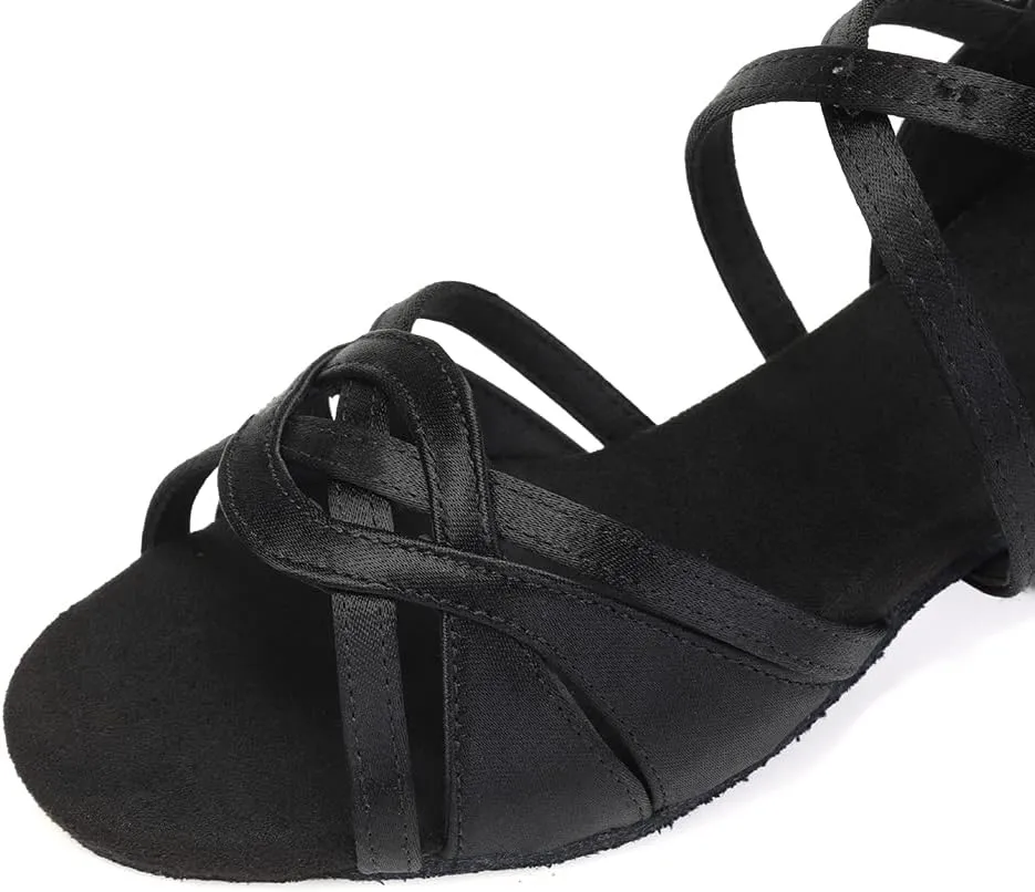 SWDZM Girls Latin Dance Shoes Low Heel Satin Ballroom Salsa Pratice Dance Shoes,Model EM-New Child