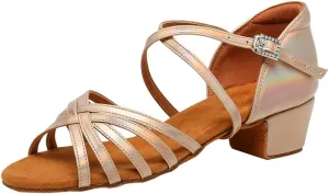 SWDZM Girls Latin Dance Shoes Low Heel Satin Ballroom Salsa Pratice Dance Shoes,Model EM-New Child