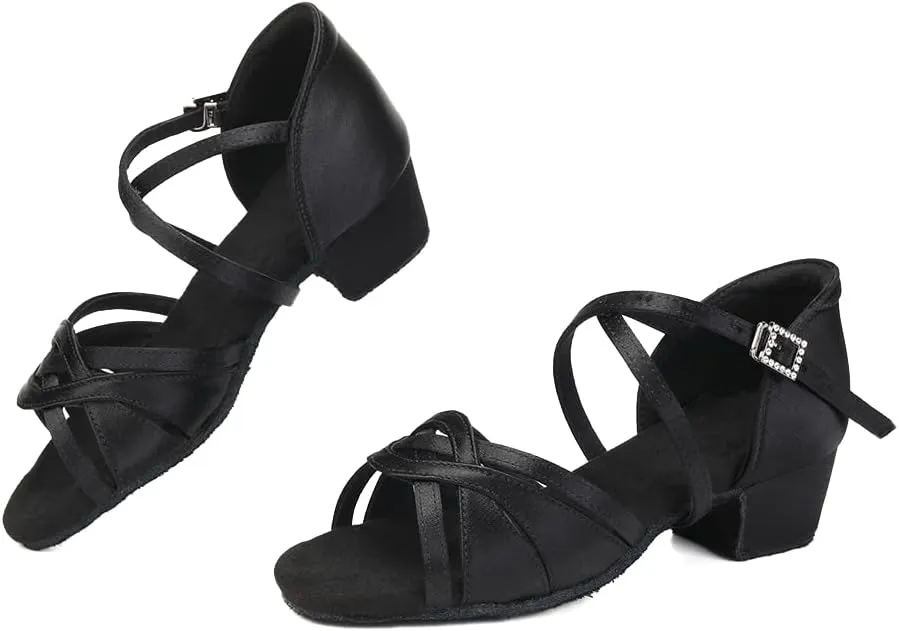 SWDZM Girls Latin Dance Shoes Low Heel Satin Ballroom Salsa Pratice Dance Shoes,Model EM-New Child