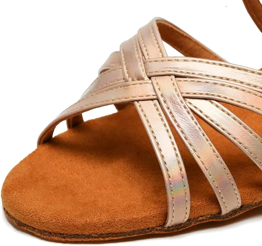 SWDZM Girls Latin Dance Shoes Low Heel Satin Ballroom Salsa Pratice Dance Shoes,Model EM-New Child