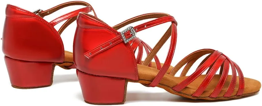 SWDZM Girls Latin Dance Shoes Low Heel Satin Ballroom Salsa Pratice Dance Shoes,Model EM-New Child
