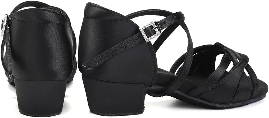 SWDZM Girls Latin Dance Shoes Low Heel Satin Ballroom Salsa Pratice Dance Shoes,Model EM-New Child