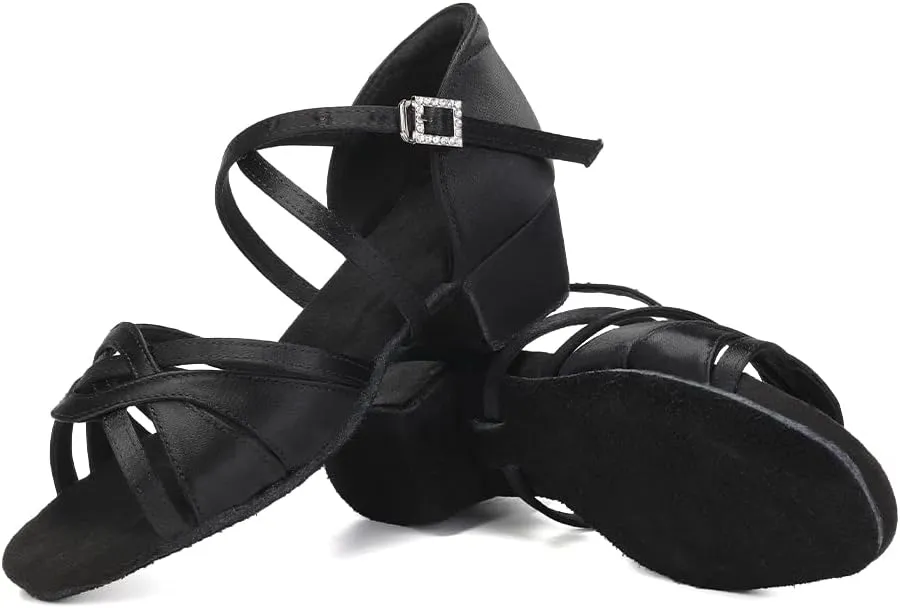 SWDZM Girls Latin Dance Shoes Low Heel Satin Ballroom Salsa Pratice Dance Shoes,Model EM-New Child