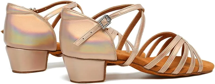 SWDZM Girls Latin Dance Shoes Low Heel Satin Ballroom Salsa Pratice Dance Shoes,Model EM-New Child