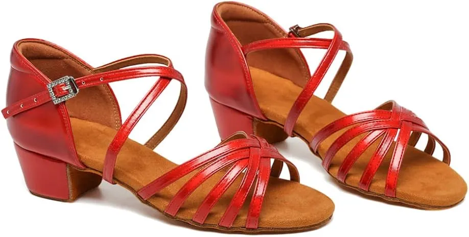SWDZM Girls Latin Dance Shoes Low Heel Satin Ballroom Salsa Pratice Dance Shoes,Model EM-New Child