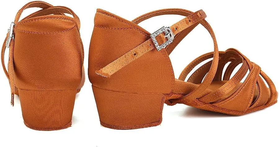 SWDZM Girls Latin Dance Shoes Low Heel Satin Ballroom Salsa Pratice Dance Shoes,Model EM-New Child