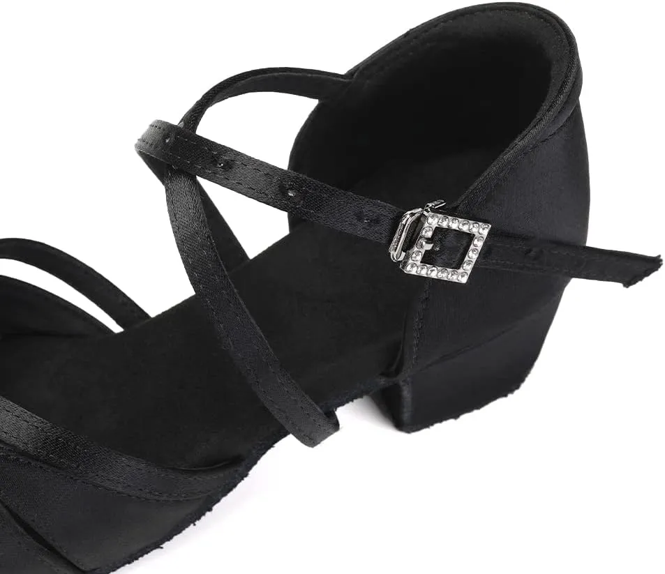 SWDZM Girls Latin Dance Shoes Low Heel Satin Ballroom Salsa Pratice Dance Shoes,Model EM-New Child