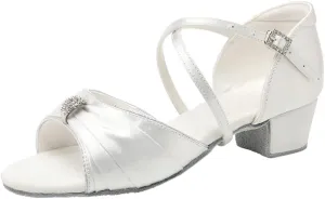 SWDZM Girls Latin Dance Shoes Low Heel Satin Ballroom Salsa Pratice Dance Shoes,Model EM-New Child