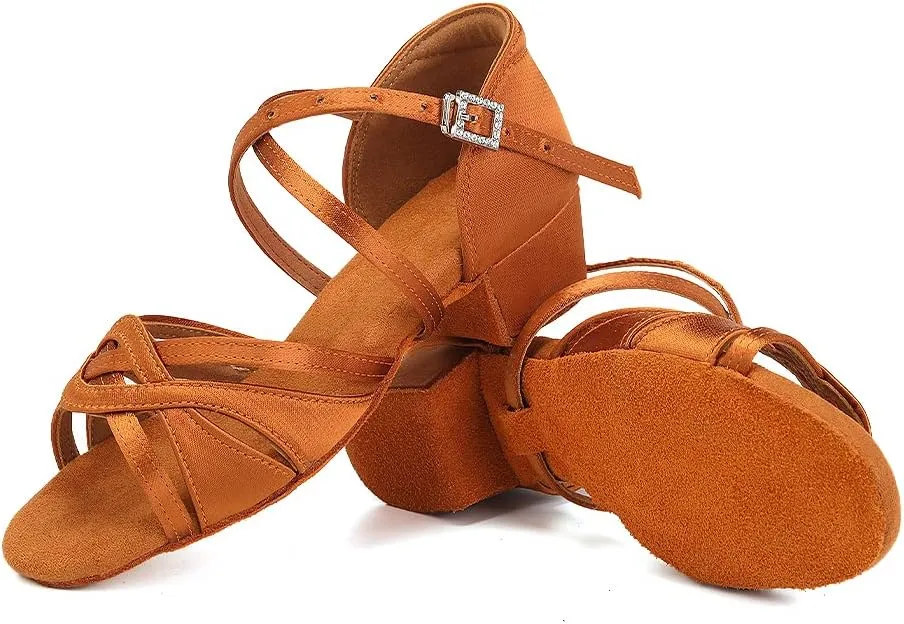 SWDZM Girls Latin Dance Shoes Low Heel Satin Ballroom Salsa Pratice Dance Shoes,Model EM-New Child