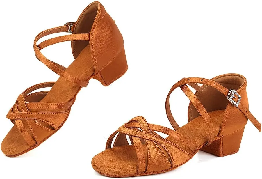 SWDZM Girls Latin Dance Shoes Low Heel Satin Ballroom Salsa Pratice Dance Shoes,Model EM-New Child