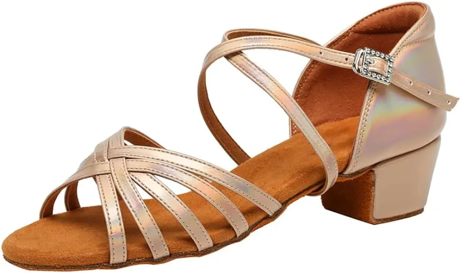 SWDZM Girls Latin Dance Shoes Low Heel Satin Ballroom Salsa Pratice Dance Shoes,Model EM-New Child