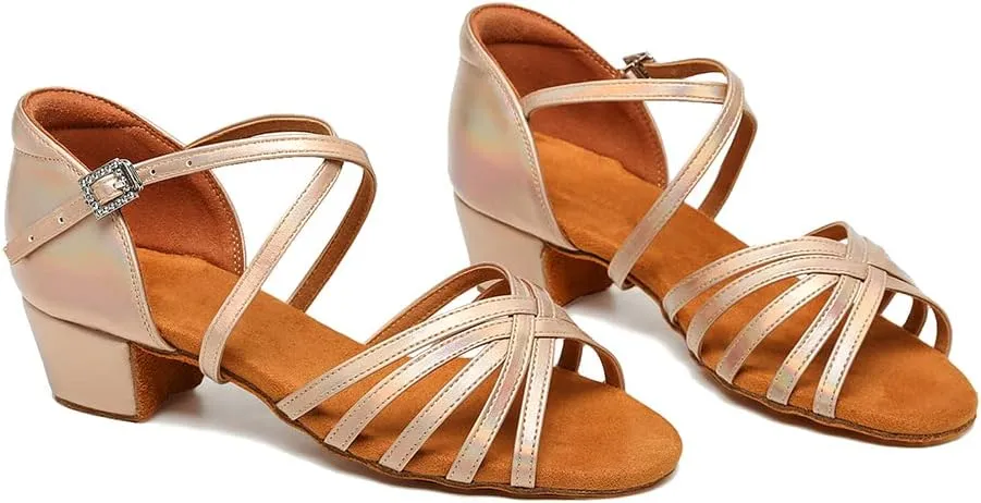 SWDZM Girls Latin Dance Shoes Low Heel Satin Ballroom Salsa Pratice Dance Shoes,Model EM-New Child
