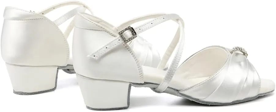SWDZM Girls Latin Dance Shoes Low Heel Satin Ballroom Salsa Pratice Dance Shoes,Model EM-New Child
