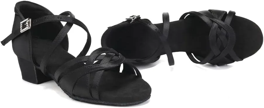 SWDZM Girls Latin Dance Shoes Low Heel Satin Ballroom Salsa Pratice Dance Shoes,Model EM-New Child