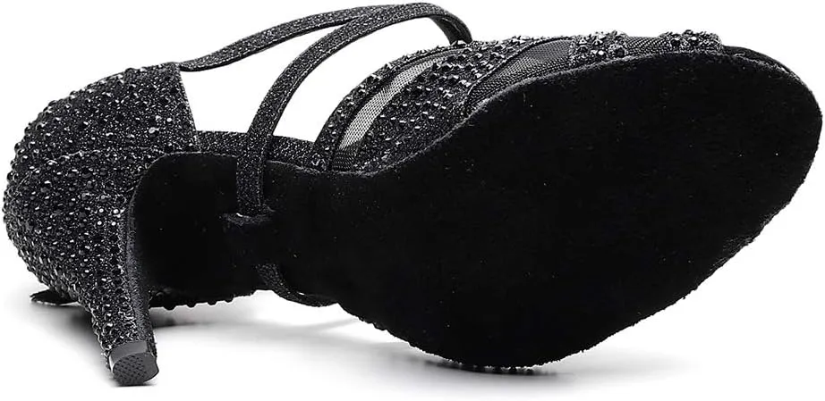 SWDZM Women Rhinestone Ballroom Dance Shoes Latin Salsa Performance Dance Shoes Suede Sole,Model-QJW9003