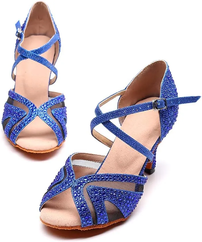 SWDZM Women Rhinestone Ballroom Dance Shoes Latin Salsa Performance Dance Shoes Suede Sole,Model-QJW9003