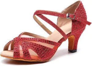 SWDZM Women Rhinestone Ballroom Dance Shoes Latin Salsa Performance Dance Shoes Suede Sole,Model-QJW9003