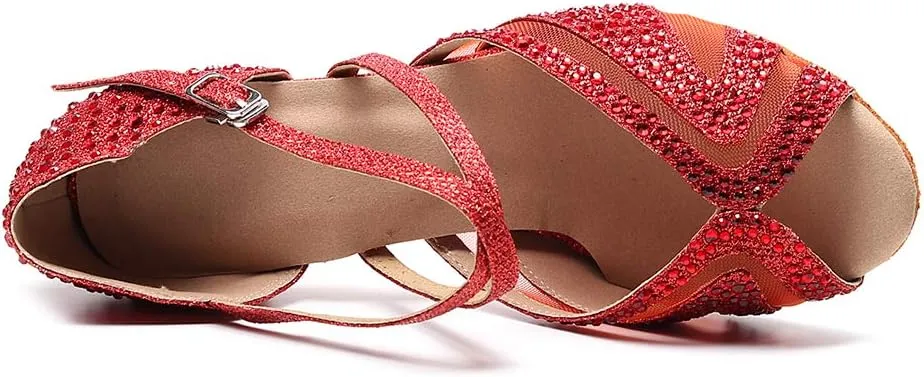 SWDZM Women Rhinestone Ballroom Dance Shoes Latin Salsa Performance Dance Shoes Suede Sole,Model-QJW9003