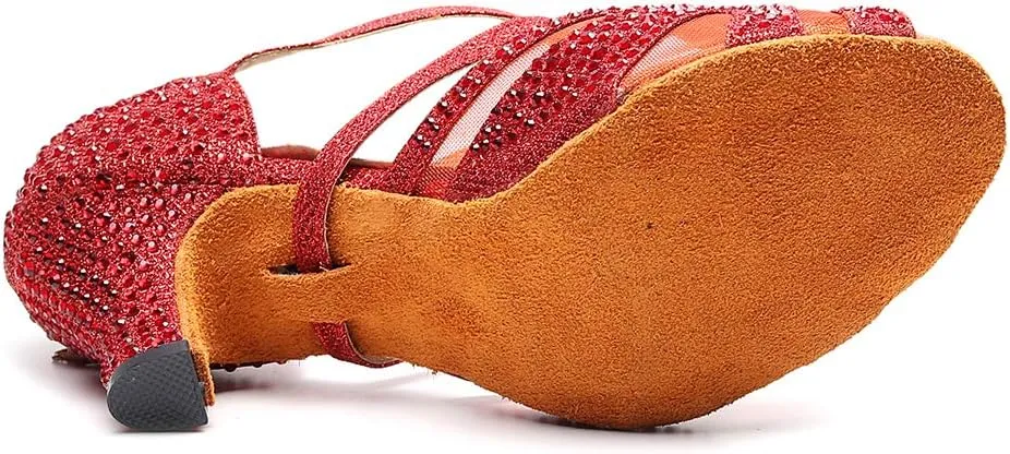SWDZM Women Rhinestone Ballroom Dance Shoes Latin Salsa Performance Dance Shoes Suede Sole,Model-QJW9003