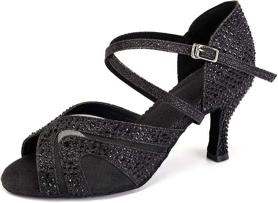 SWDZM Women Rhinestone Ballroom Dance Shoes Latin Salsa Performance Dance Shoes Suede Sole,Model-QJW9003