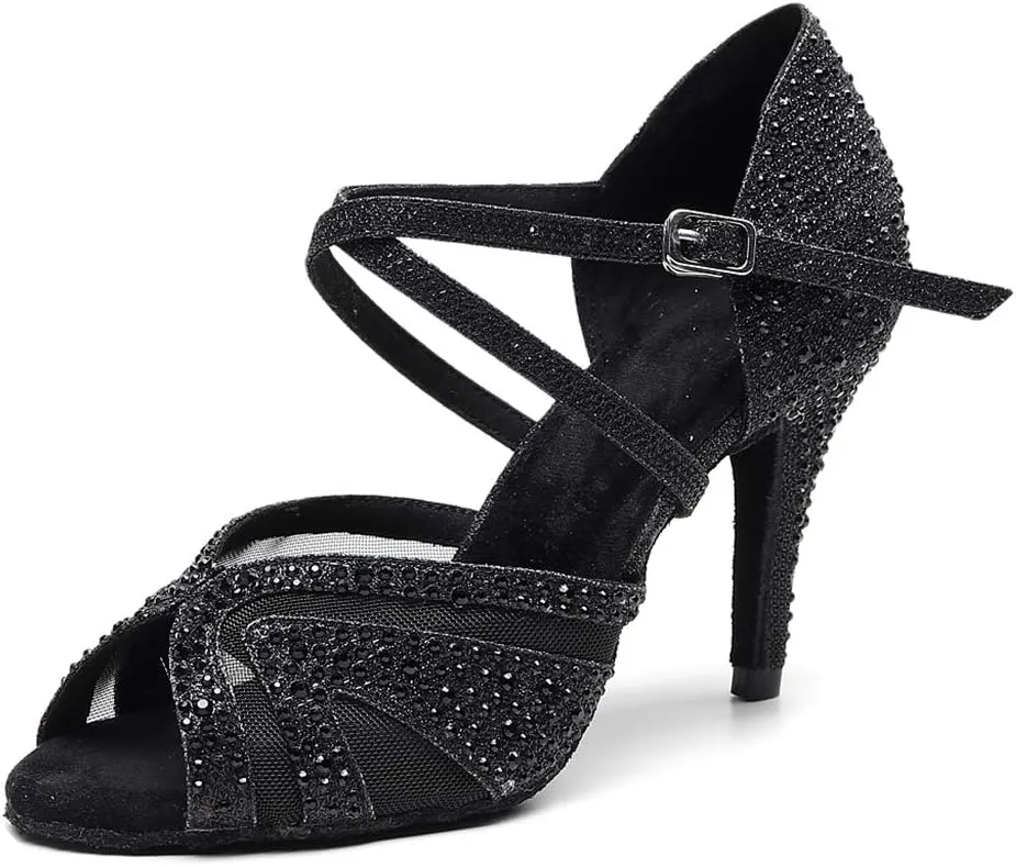 SWDZM Women Rhinestone Ballroom Dance Shoes Latin Salsa Performance Dance Shoes Suede Sole,Model-QJW9003