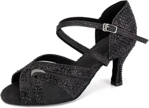 SWDZM Women Rhinestone Ballroom Dance Shoes Latin Salsa Performance Dance Shoes Suede Sole,Model-QJW9003