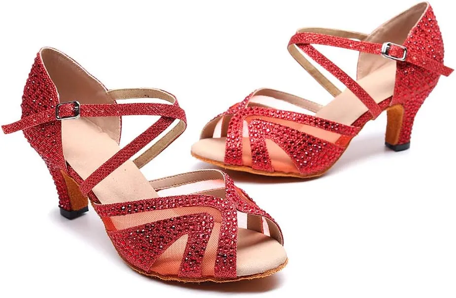 SWDZM Women Rhinestone Ballroom Dance Shoes Latin Salsa Performance Dance Shoes Suede Sole,Model-QJW9003