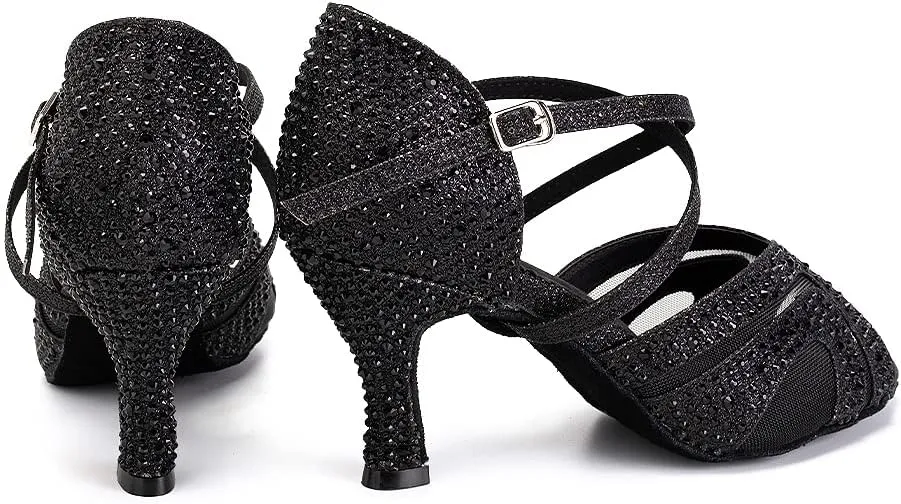 SWDZM Women Rhinestone Ballroom Dance Shoes Latin Salsa Performance Dance Shoes Suede Sole,Model-QJW9003
