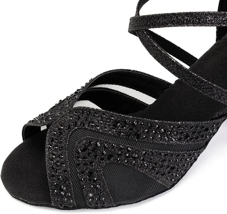 SWDZM Women Rhinestone Ballroom Dance Shoes Latin Salsa Performance Dance Shoes Suede Sole,Model-QJW9003
