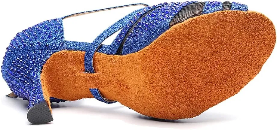 SWDZM Women Rhinestone Ballroom Dance Shoes Latin Salsa Performance Dance Shoes Suede Sole,Model-QJW9003