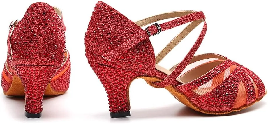SWDZM Women Rhinestone Ballroom Dance Shoes Latin Salsa Performance Dance Shoes Suede Sole,Model-QJW9003