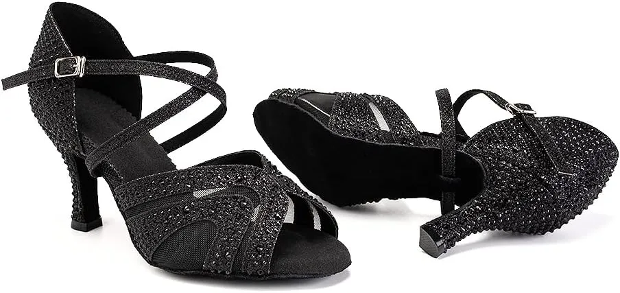SWDZM Women Rhinestone Ballroom Dance Shoes Latin Salsa Performance Dance Shoes Suede Sole,Model-QJW9003