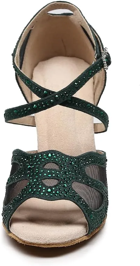 SWDZM Women Rhinestone Ballroom Dance Shoes Latin Salsa Performance Dance Shoes Suede Sole,Model-QJW9003