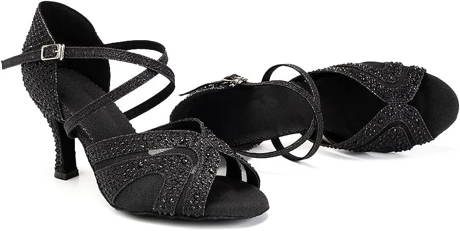 SWDZM Women Rhinestone Ballroom Dance Shoes Latin Salsa Performance Dance Shoes Suede Sole,Model-QJW9003
