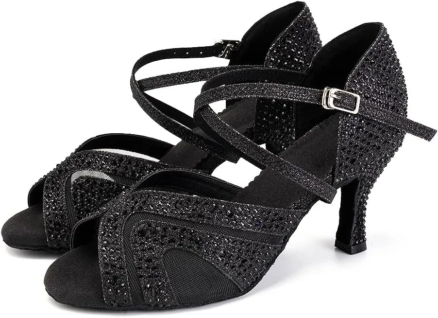 SWDZM Women Rhinestone Ballroom Dance Shoes Latin Salsa Performance Dance Shoes Suede Sole,Model-QJW9003