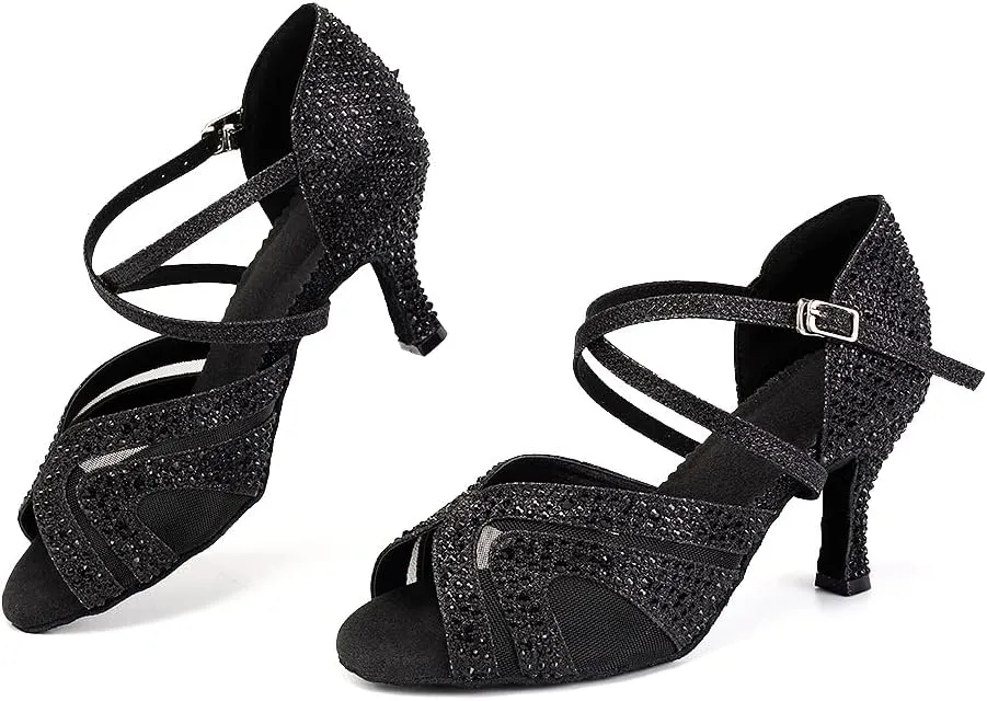 SWDZM Women Rhinestone Ballroom Dance Shoes Latin Salsa Performance Dance Shoes Suede Sole,Model-QJW9003
