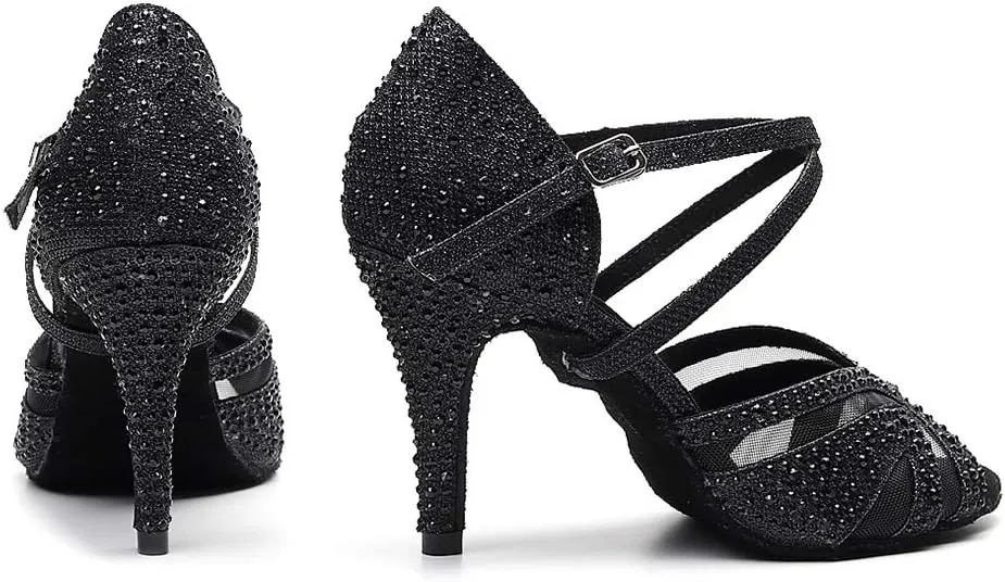 SWDZM Women Rhinestone Ballroom Dance Shoes Latin Salsa Performance Dance Shoes Suede Sole,Model-QJW9003