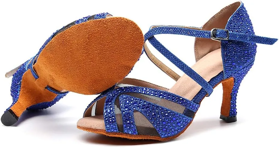 SWDZM Women Rhinestone Ballroom Dance Shoes Latin Salsa Performance Dance Shoes Suede Sole,Model-QJW9003