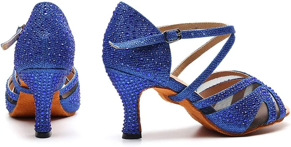 SWDZM Women Rhinestone Ballroom Dance Shoes Latin Salsa Performance Dance Shoes Suede Sole,Model-QJW9003