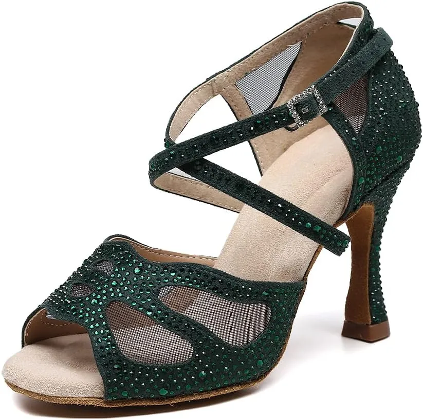SWDZM Women Rhinestone Ballroom Dance Shoes Latin Salsa Performance Dance Shoes Suede Sole,Model-QJW9003