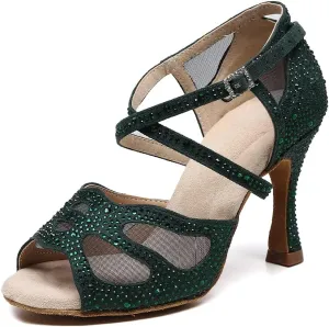 SWDZM Women Rhinestone Ballroom Dance Shoes Latin Salsa Performance Dance Shoes Suede Sole,Model-QJW9003