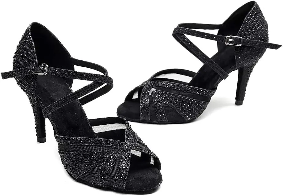 SWDZM Women Rhinestone Ballroom Dance Shoes Latin Salsa Performance Dance Shoes Suede Sole,Model-QJW9003