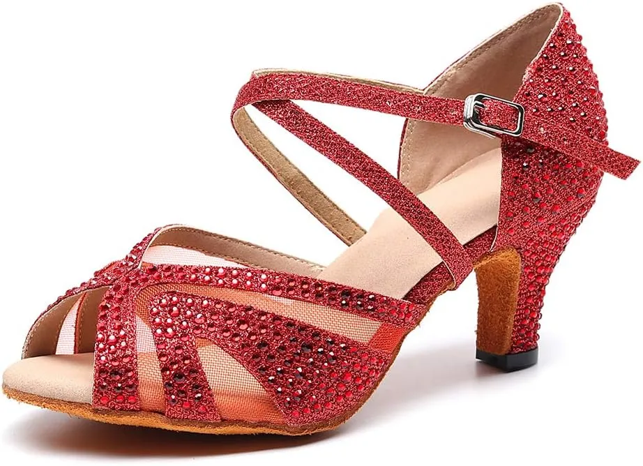 SWDZM Women Rhinestone Ballroom Dance Shoes Latin Salsa Performance Dance Shoes Suede Sole,Model-QJW9003