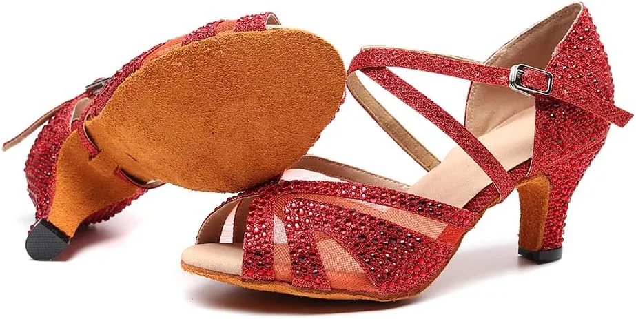 SWDZM Women Rhinestone Ballroom Dance Shoes Latin Salsa Performance Dance Shoes Suede Sole,Model-QJW9003