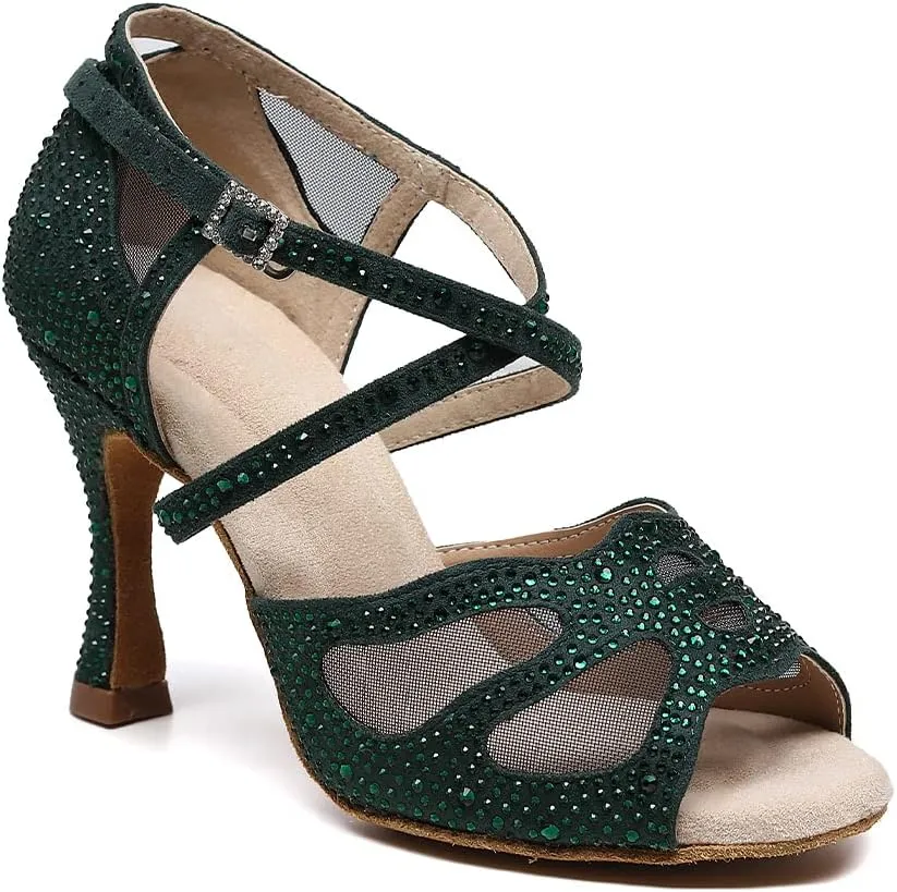 SWDZM Women Rhinestone Ballroom Dance Shoes Latin Salsa Performance Dance Shoes Suede Sole,Model-QJW9003