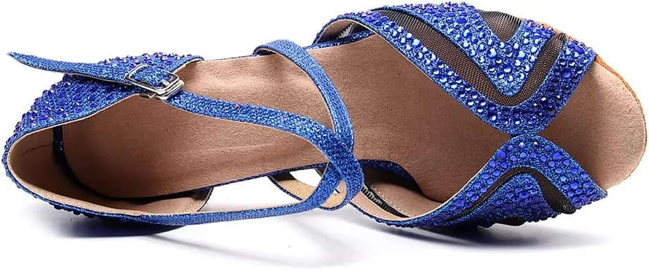 SWDZM Women Rhinestone Ballroom Dance Shoes Latin Salsa Performance Dance Shoes Suede Sole,Model-QJW9003