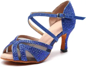 SWDZM Women Rhinestone Ballroom Dance Shoes Latin Salsa Performance Dance Shoes Suede Sole,Model-QJW9003