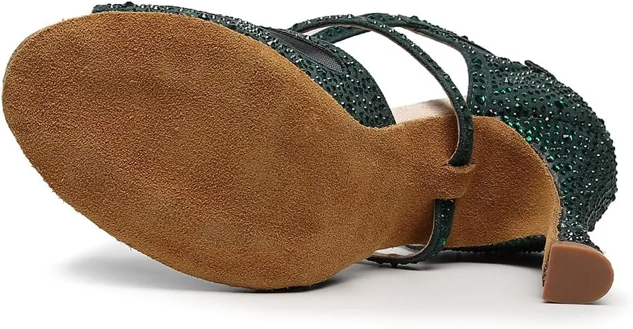 SWDZM Women Rhinestone Ballroom Dance Shoes Latin Salsa Performance Dance Shoes Suede Sole,Model-QJW9003