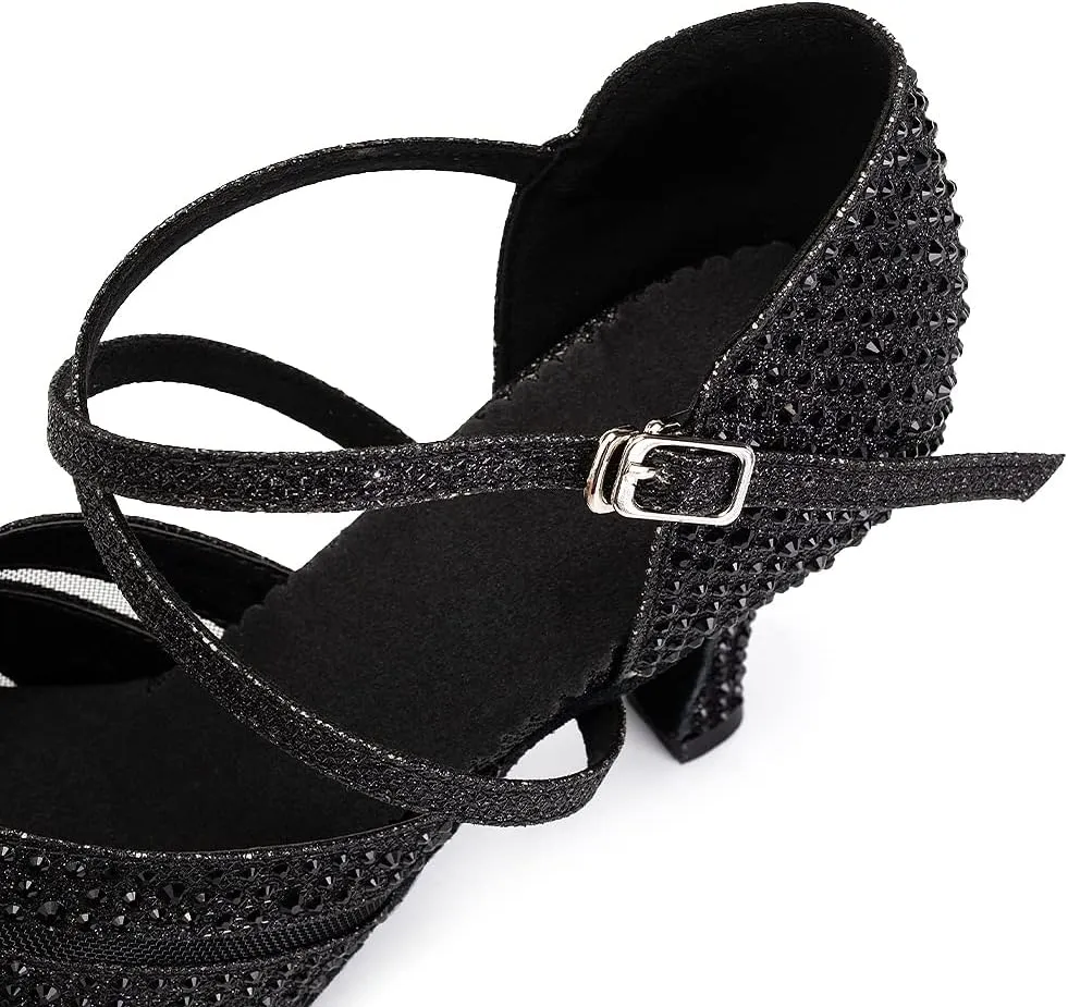 SWDZM Women Rhinestone Ballroom Dance Shoes Latin Salsa Performance Dance Shoes Suede Sole,Model-QJW9003