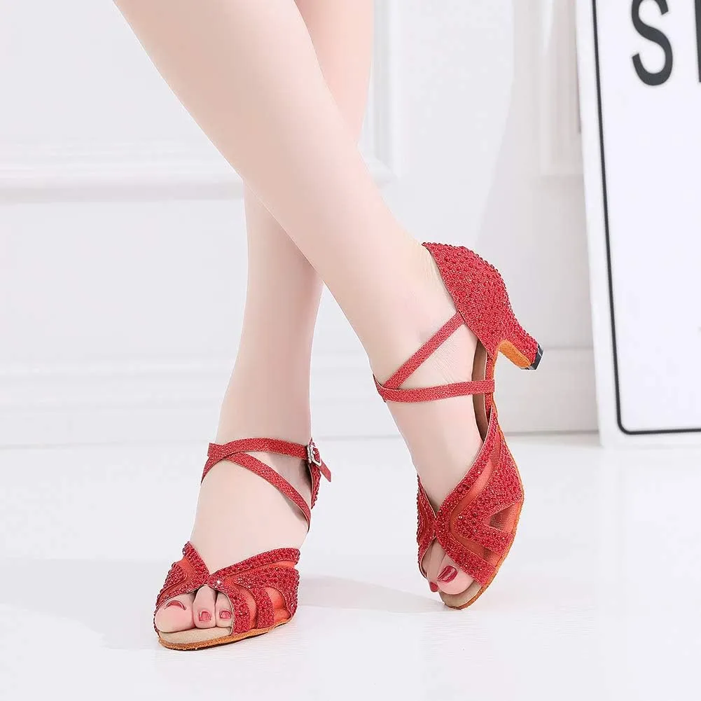 SWDZM Women Rhinestone Ballroom Dance Shoes Latin Salsa Performance Dance Shoes Suede Sole,Model-QJW9003
